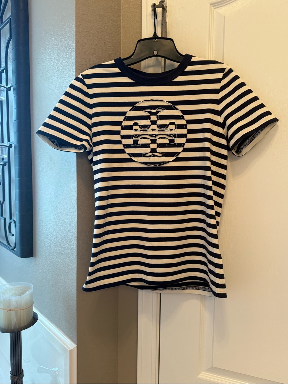 Tory Burch Navy White Striped Logo Tee Shirt Small Coastal Preppy